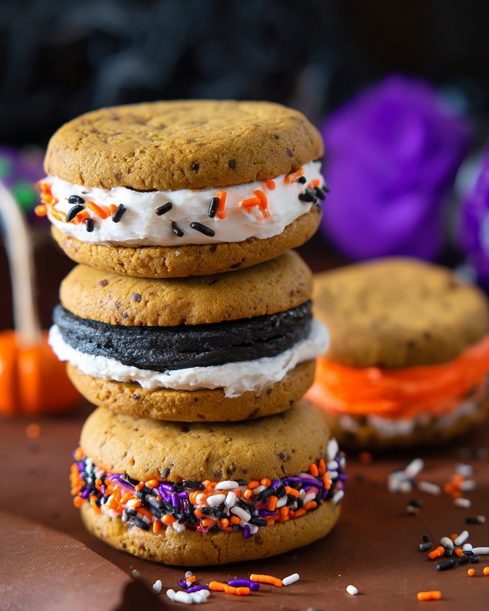 The image shows three stacks of round, soft cookies with thick layers of creamy frosting sandwiched inside. Each cookie is a light brown color with small dark specks, showing a slightly cracked texture. The top sandwich has white frosting with small orange, black, and purple sprinkles. The middle sandwich has thick black frosting and a few colorful sprinkles, while the bottom sandwich has bright orange frosting decorated with white, black, and orange sprinkles. The cookies are placed on a brown surface with a blurred dark background and some purple decorations in the distance. photo taken with an iphone --ar 4:5 --v 7