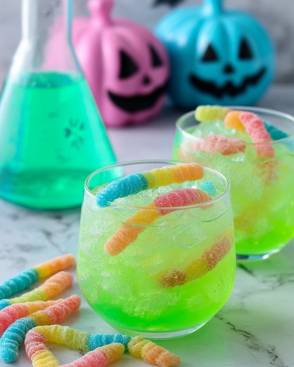 The image shows two clear glasses filled with a bright green drink that looks slightly icy with crushed ice filling most of the glass. On top of each drink, there are colorful gummy worms in shades of pink, blue, orange, yellow, and green, adding a fun texture and contrast. The glasses sit on a white marbled surface. In the background, there is a clear flask filled with the same green liquid and crushed ice. Also visible are two pumpkin-shaped containers with carved faces, one pink and one blue, placed against a soft, blurred white marbled background. Photo taken with an iphone --ar 4:5 --v 7