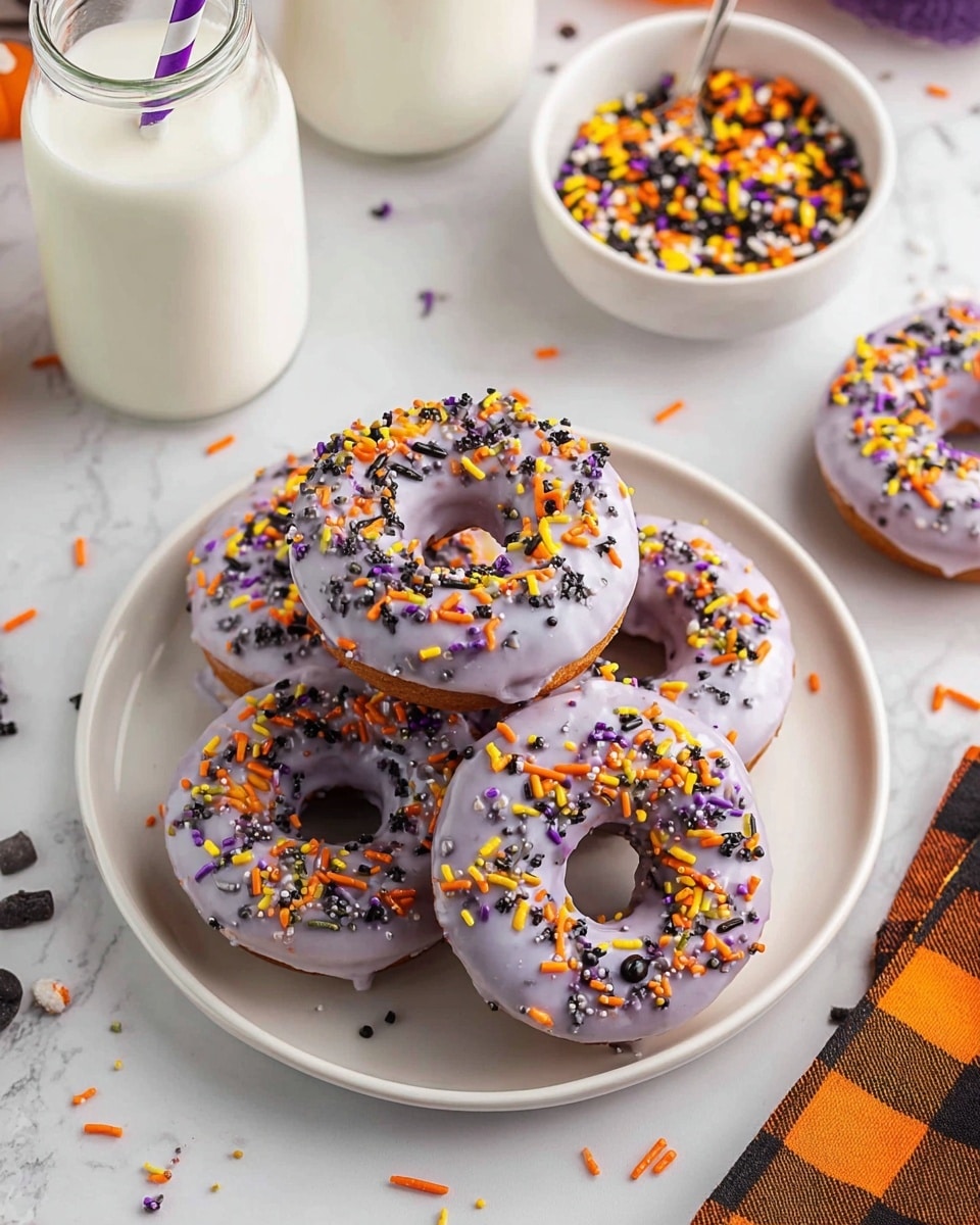A white plate holds five chocolate donuts stacked in a loose pile, each covered with a smooth, light purple glaze. Bright orange, purple, black, and yellow sprinkles of different shapes and sizes are scattered thickly over the top of each donut, creating a colorful, festive look. Around the plate, some sprinkles are also scattered on the white marbled surface. To the upper left, there is a small glass bottle filled with white milk and a purple-striped straw inside. In the top right area, a white bowl holds more of the same mixed sprinkles. An orange and black checkered cloth is partially visible on the lower right. photo taken with an iphone --ar 4:5 --v 7