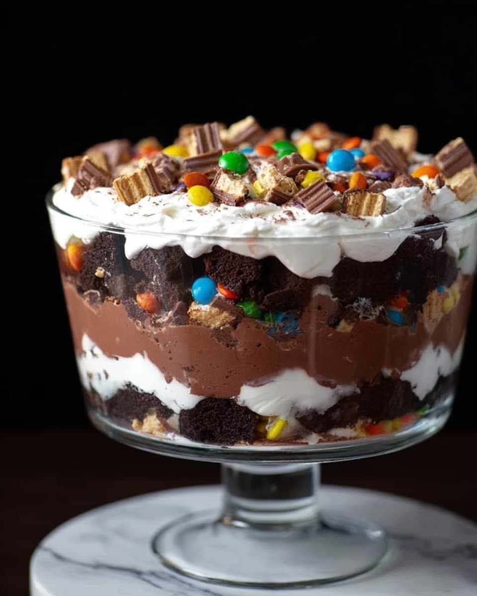 The image shows a clear glass bowl filled with a layered dessert. The bottom layer is dark brown chocolate cake pieces, followed by a smooth white cream layer. Above that is a thick, rich milk chocolate layer, topped again by a layer of dark chocolate cake chunks mixed with colorful candy-coated chocolates. This is repeated with another white cream layer and milk chocolate layer. The dessert is finished with a thick layer of white cream on top, decorated with chopped wafer candy bars and colorful candy pieces. The bowl is set against a dark background with a white marbled surface below. Photo taken with an iphone --ar 4:5 --v 7