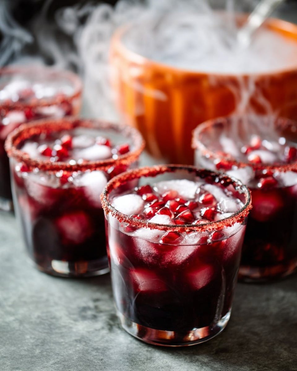 The image shows four clear glasses filled with a dark red drink, each glass topped with many small ice cubes and red pomegranate seeds floating on top. The glasses have a thin layer of dark syrup dripping inside their rims, creating a textured look on the edges. They are placed on a gray surface, and in the background, there is an orange bowl with white smoke coming out, giving a misty effect. photo taken with an iphone --ar 4:5 --v 7