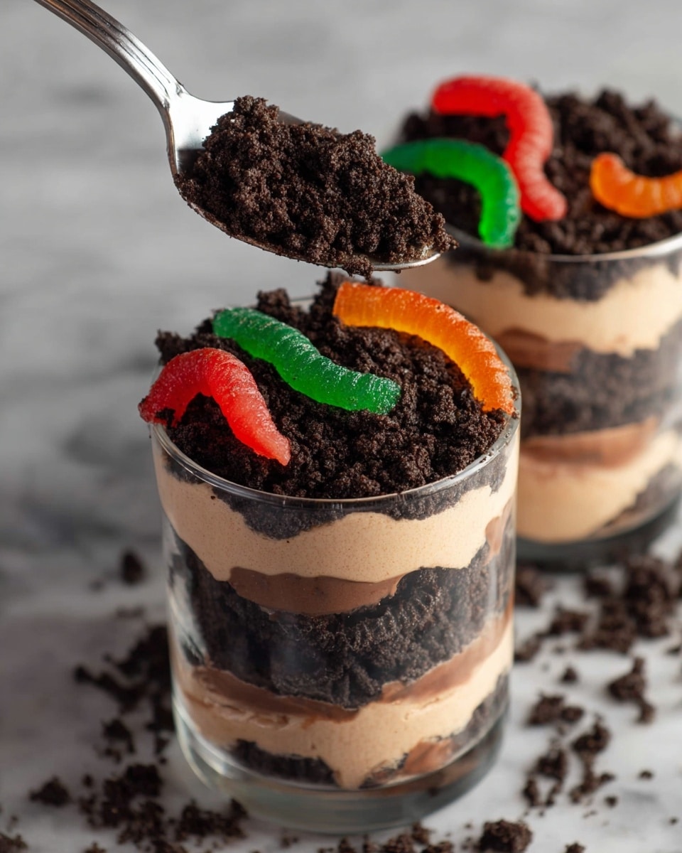 A clear glass cup with four layers is shown. The bottom layer is dark crushed cookie crumbs, rough in texture. Above that is a smooth light brown creamy layer, followed by another dark cookie crumb layer, then another light brown creamy layer. The top is a thick dark cookie crumb layer that looks crumbly and soft. On the top, three colorful gummy worms in red, blue-green, and orange lay partly inside the crumbs, adding bright colors against the dark and light layers. The cup sits on a dark surface with some cookie crumbs scattered nearby and a white marbled background. Photo taken with an iphone --ar 4:5 --v 7