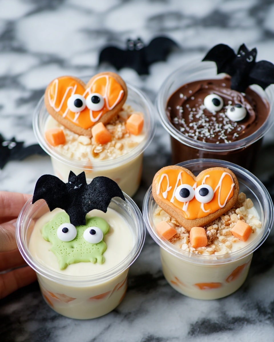Four small clear plastic cups of pudding are displayed on a white marbled surface, each decorated for Halloween. Two cups hold creamy white pudding topped with small orange heart-shaped cookies decorated with white icing stripes and two large candy eyes. The white pudding cups also have small cube pieces of peach on top and black paper cutouts of bats attached to the cups. The other two cups contain chocolate pudding topped with crushed nuts and round cookies decorated as monsters — one green with white icing and two candy eyes, the other orange with white icing and two candy eyes. A woman’s hand is visible holding one of the cups. Photo taken with an iphone --ar 4:5 --v 7