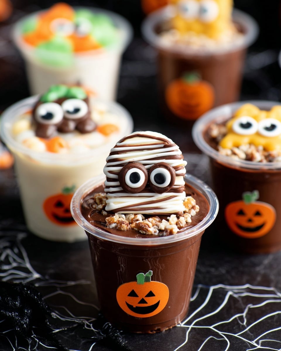 There are small clear plastic cups each with three layers: a dark brown chocolate pudding base topped with crushed nuts, and a white decorated cookie on top shaped like a mummy with chocolate stripes and two candy eyes. The cups have orange pumpkin stickers on them, smiling and happy, and are set on a dark surface with spider web patterns. In the background, other cups show white pudding with fruit pieces and green and orange mummy cookies. photo taken with an iphone --ar 4:5 --v 7
