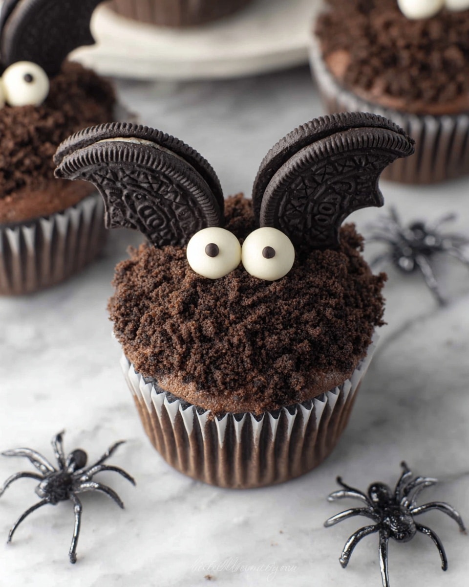 A chocolate cupcake with a textured dark brown crumb layer on top, resembling dirt, sits in a white cupcake liner. On top of the crumbs is a mini Oreo cookie forming the face, with two white candy eyes with black dots placed on it. Two Oreo cookie halves are stuck on each side of the mini Oreo to look like wings. The cupcake is on a white marbled surface with small black plastic spider decorations around it, adding a spooky theme. More similar cupcakes are slightly blurred in the background. Photo taken with an iphone --ar 4:5 --v 7