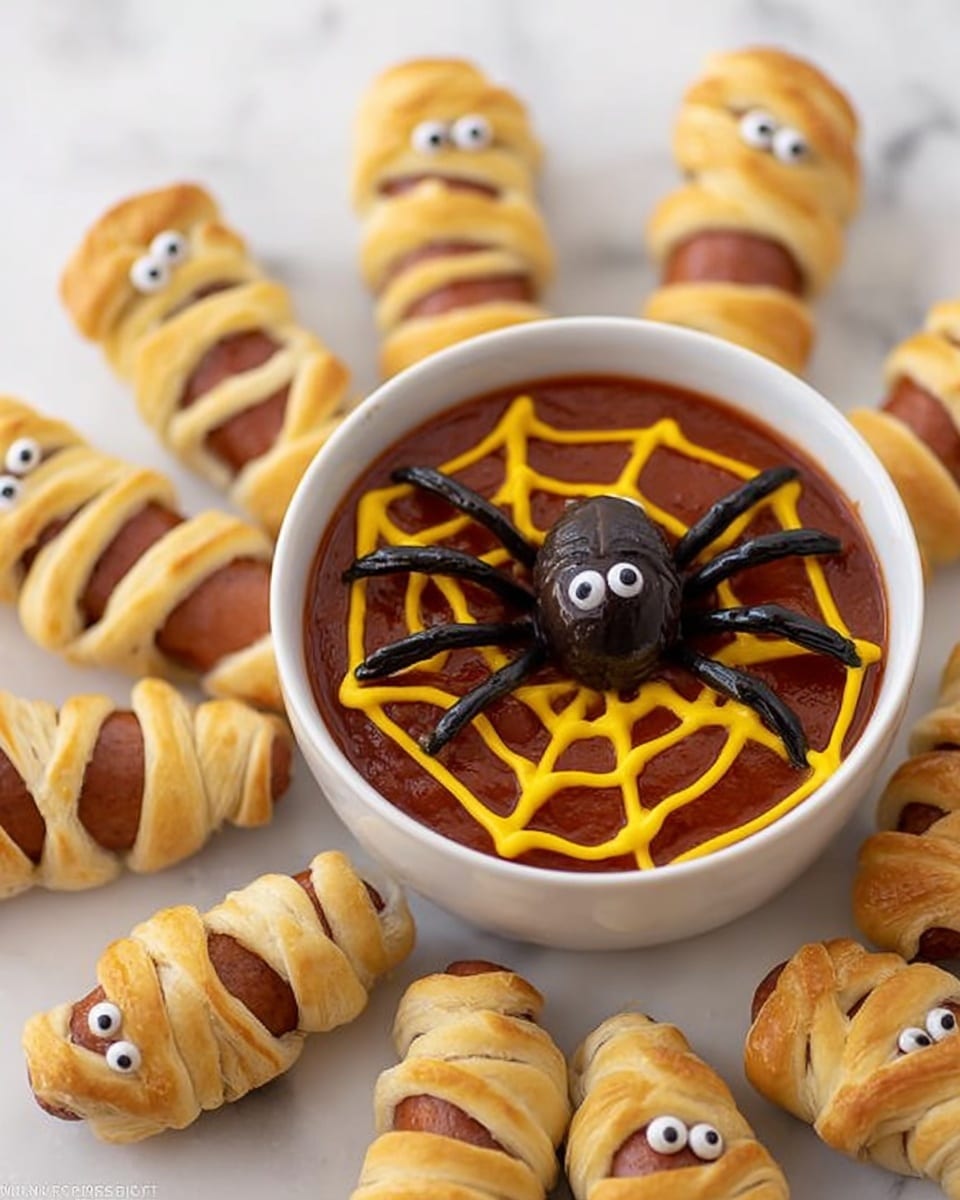 The image shows a white bowl filled with dark red tomato sauce, topped with a yellow mustard web design that covers the surface. On top of the web lies a spider made from black olives, with one olive for the body and one for the head, and legs arranged neatly around it. Surrounding the bowl are several mummy-shaped snacks, each made from a brown sausage wrapped in beige dough strips, with small white eyes peeking through the dough. The food items are set on a white marbled surface. Photo taken with an iphone --ar 4:5 --v 7