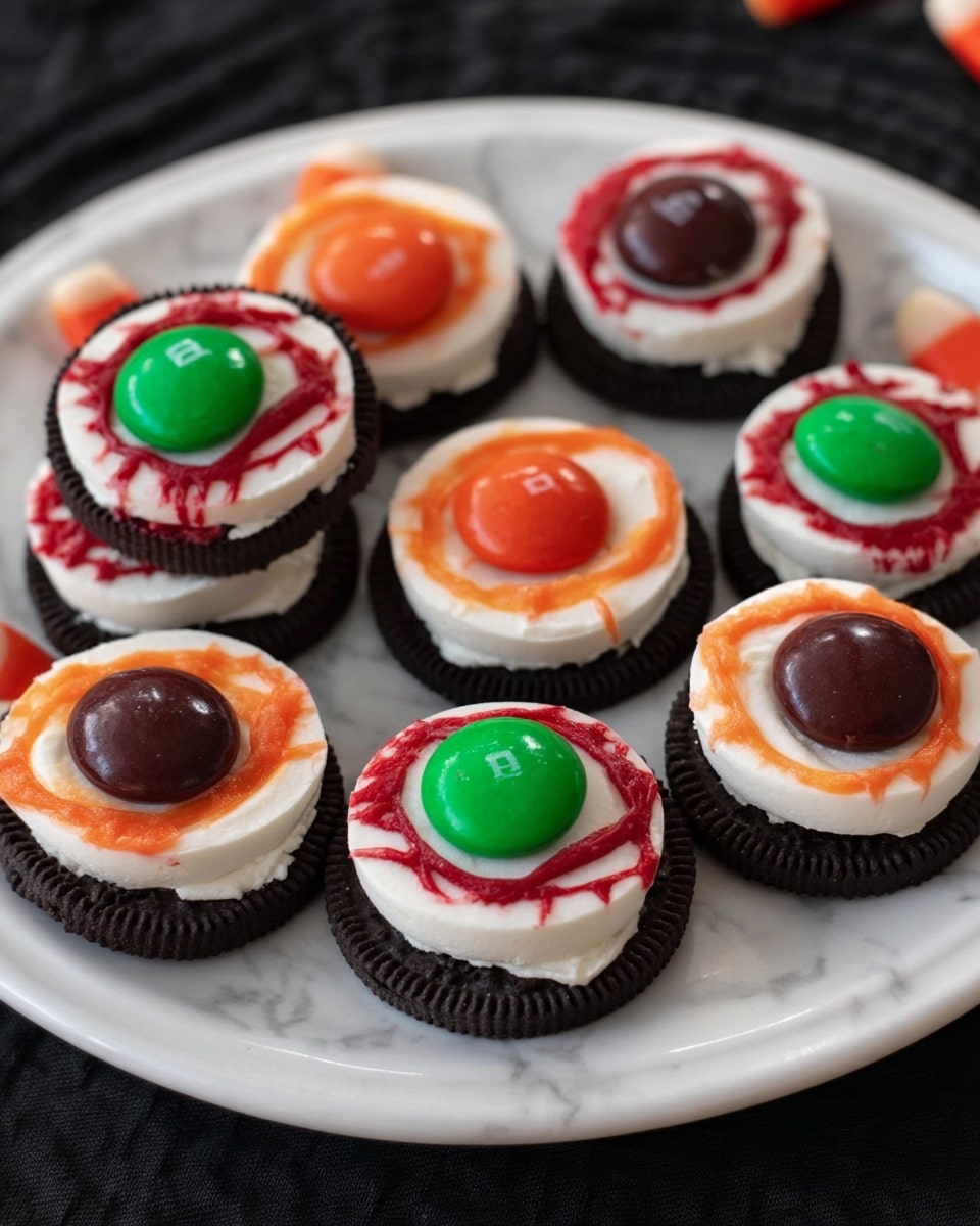 The image shows a white plate with 9 Oreo cookie sandwiches arranged neatly. Each sandwich has one Oreo bottom layer, topped with a thick white cream layer that looks soft and fluffy. On top of the cream layer, there is a round, colored candy in red, orange, green, or dark red, placed in the center. A small round dark chocolate piece sits in the middle of the candy. There are red lines drawn around the candy on the cream layer, making it look like veins. The plate is placed on a white marbled surface. photo taken with an iphone --ar 4:5 --v 7