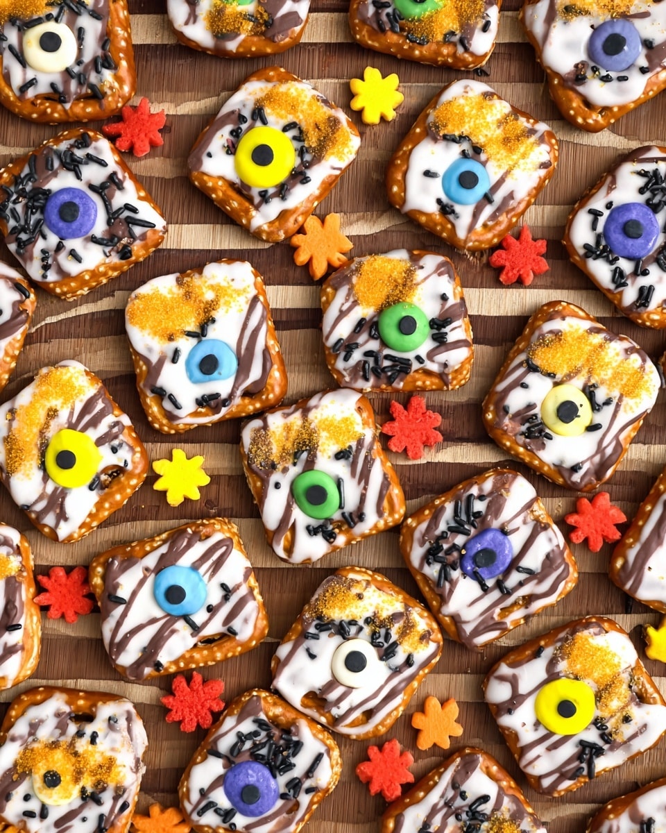 The image shows many small square pretzels arranged close together on a wooden board with light and dark stripes. Each pretzel has a thick layer of white icing on top, decorated with thin zigzag stripes of brown icing. On top of the white icing, there are two candy eyes of various colors including yellow, green, blue, and orange, with black dots in the center. Black sprinkles are scattered over many of the pretzels, and some are topped with orange sugar crystals. Small colorful flower-shaped sprinkles in yellow, red, and orange are scattered between the pretzels on the board. The photo was taken with an iphone --ar 4:5 --v 7