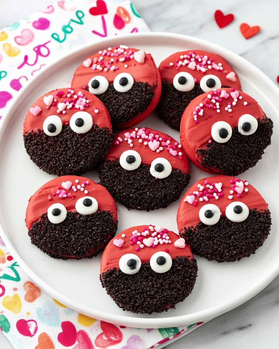 A white plate holds eight round cookies with two layers. The bottom layer is a dark textured cookie visible on the lower half of each, and the top layer is smooth red icing covering the upper half. Each cookie is decorated with two round white eyes with black pupils placed on the dark cookie part, giving them a cute face look. The red icing is sprinkled with small heart shapes in white, pink, and red colors scattered on top. The plate sits on a white marbled surface with a colorful cloth underneath that has heart shapes and the word “love” in different colors. photo taken with an iphone --ar 4:5 --v 7