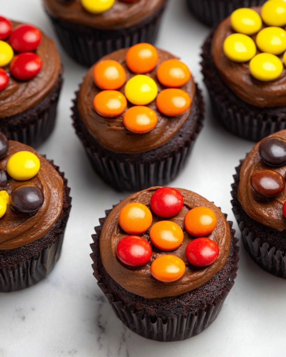 A group of chocolate cupcakes with rich brown frosting on top arranged on a white marbled surface. Each cupcake has eight candy pieces forming a flower shape, with one candy in the middle and seven around it. The candy colors include bright yellow, orange, dark brown, and red, creating clear, colorful patterns on each cupcake. The cupcake liners are dark brown. The image shows the cupcakes from a close angle with soft light highlighting the shiny candy surfaces and smooth frosting. photo taken with an iphone --ar 4:5 --v 7