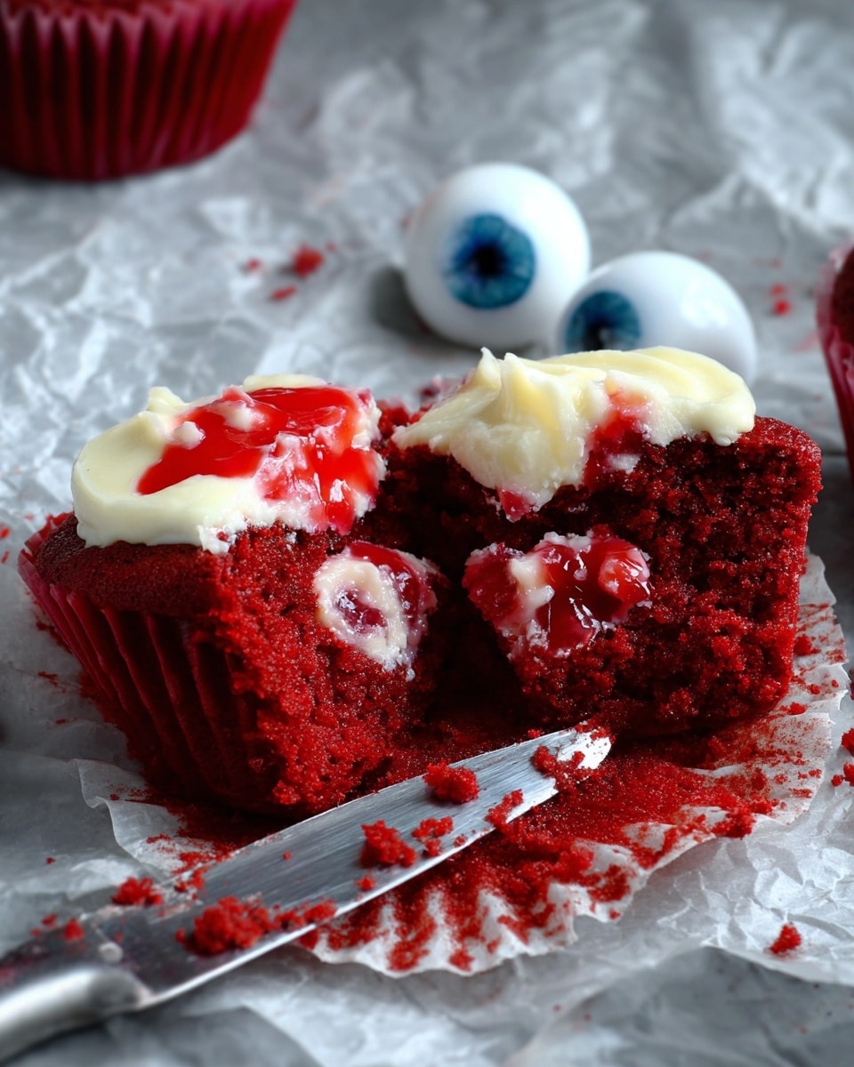 The image shows a red velvet cupcake broken in half on a crinkled piece of wax paper placed over a white marbled surface. The cupcake has a deep red, moist sponge texture with a creamy white frosting layer on top, which is slightly melted and mixed with a red syrup that drips over the frosting. Inside the cupcake, there is a filling of small round red fruit or jelly pieces. In the background, two white eyeball-shaped objects with blue irises are placed on the wax paper, adding a spooky touch. A knife with some red crumbs on the blade lies next to the cupcake. Photo taken with an iphone --ar 4:5 --v 7