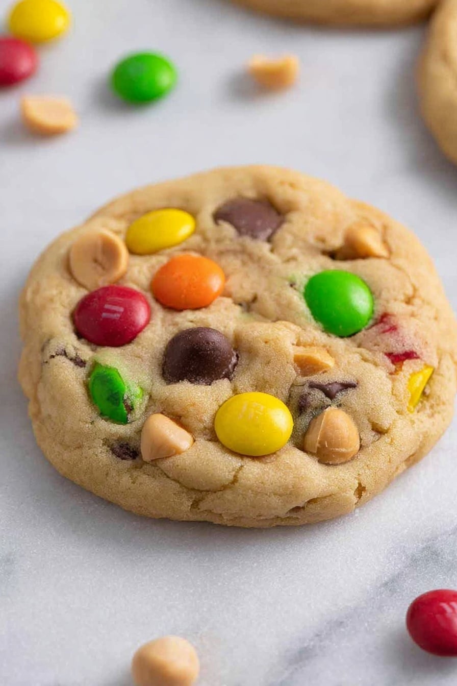 Crumbl Monster Cookie, monster cookie recipe, chewy cookie with mix-ins, homemade monster cookies, best cookie with M&Ms and peanut butter chips - A light golden cookie with a soft texture is shown close up on a white marbled surface. The cookie is studded with colorful candy-coated chocolates in red, green, yellow, and orange, along with smooth, creamy peanut pieces and dark chocolate chips spread evenly throughout. The cookie has a slightly round shape with a slight uneven edge, and the top layer shows all the different candy and nut colors contrasting with the light cookie dough. Several more colorful candies are scattered loosely around the cookie on the white marbled background. photo taken with an iphone --ar 2:3 --v 7