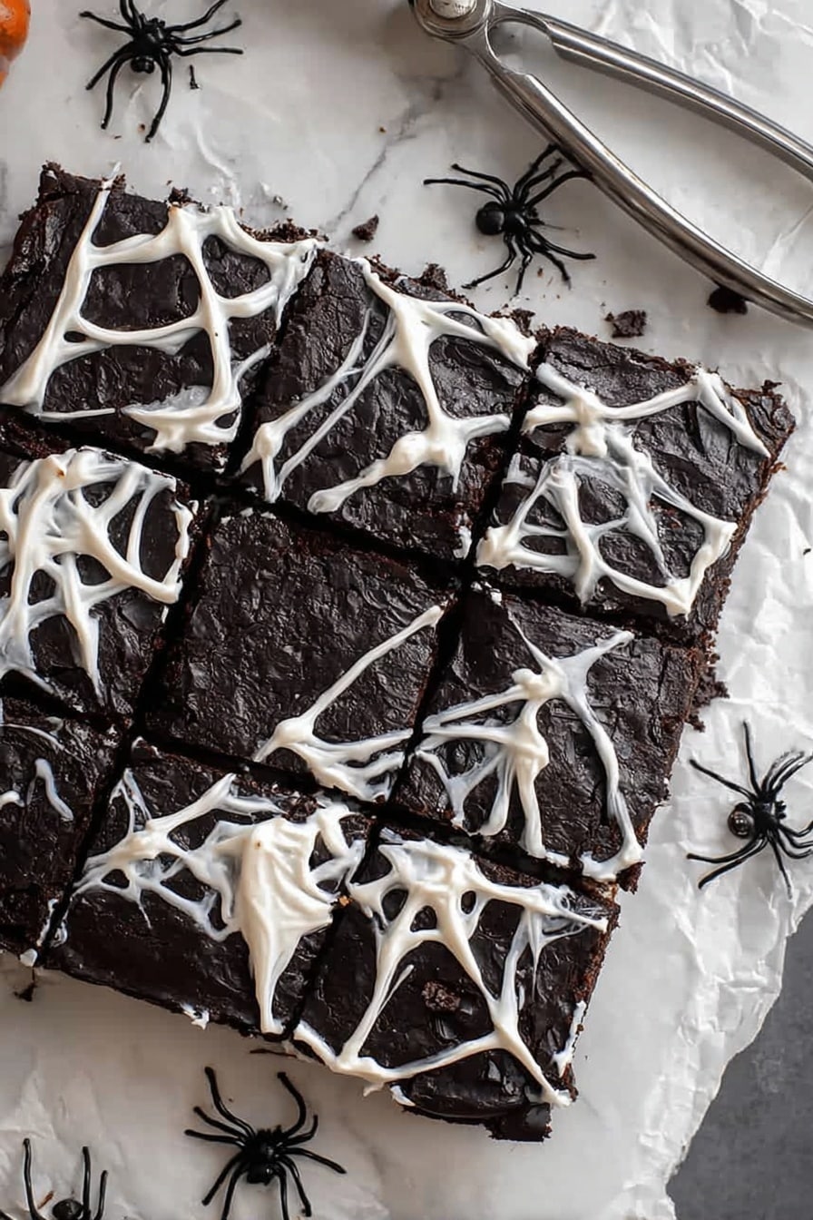 Black Cocoa Brownies with Spider Web Topping, spooky Halloween brownies, black cocoa dessert, easy Halloween treats, black cocoa brownie recipe - A square block of dark black brownies is placed on a white marbled surface, divided into 16 small square pieces. The brownies are decorated with thin, irregular white cream strands that look like spider webs spread across the top layer, creating a delicate texture. Small black plastic spiders are scattered on and around the brownies, enhancing the spooky theme. The background includes a pair of metal tongs lying diagonally above the brownies. photo taken with an iphone --ar 2:3 --v 7