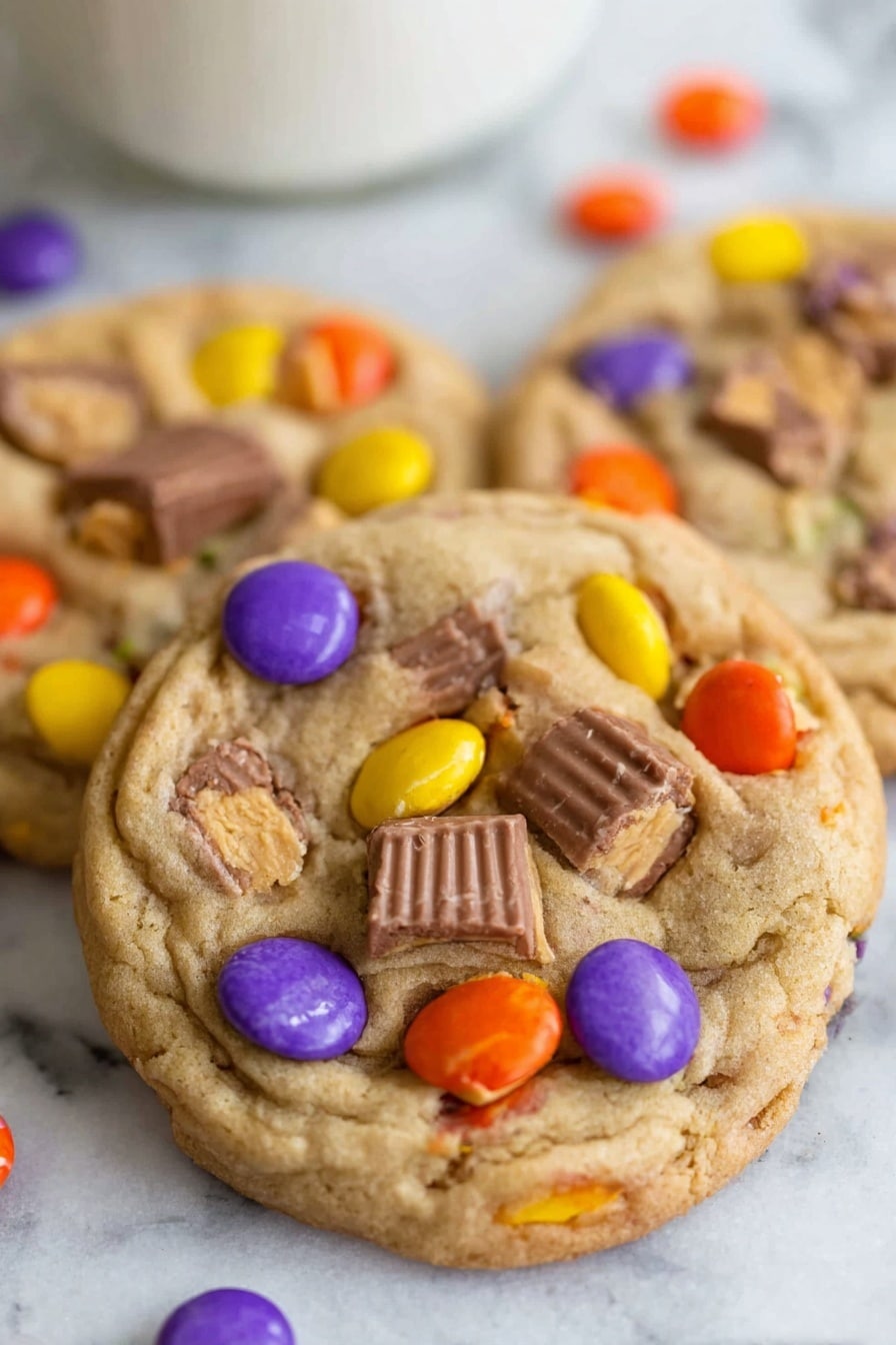 Leftover Halloween Candy Cookies, Halloween Candy Cookie Recipe, Soft Chewy Candy Cookies, Easy Halloween Candy Cookies, Festive Holiday Cookie Ideas - The image shows a close-up of three soft, thick cookies on a white marbled surface. Each cookie has a light golden-brown color with a slightly rough texture. The cookies are decorated with colorful candy pieces in purple, yellow, orange, and red scattered unevenly on the surface. Additionally, there are chunks of mixed chocolate pieces embedded, including milk chocolate with a creamy filling and small peanut butter cup pieces with a textured striped pattern. The cookies appear fresh and slightly warm. photo taken with an iphone --ar 2:3 --v 7