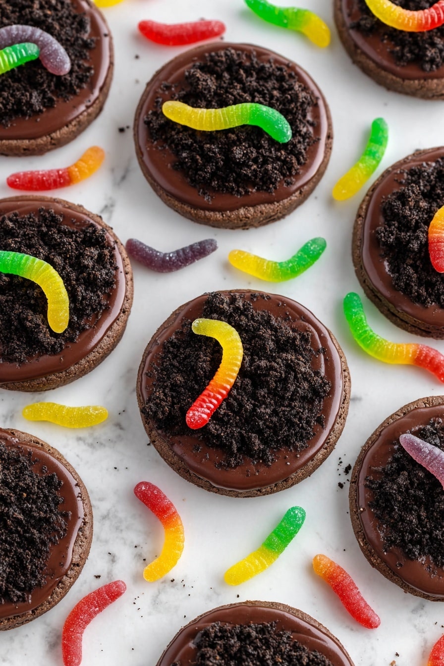 Dirt and Worm Cake Mix Cookies, chocolate cake mix cookies, playful worm cookies, fun cookie recipes, Easter dessert ideas - A stack of round chocolate cookies forms the base layer, each cookie with a dark brown color and a slightly rough texture. On top of each cookie is a smooth layer of shiny dark chocolate spread, covering the surface evenly. Over the chocolate layer, there is a generous sprinkling of finely crushed Oreo cookie crumbs that look like dark dirt. Each cookie is decorated with a colorful gummy worm placed on top, showing bright colors like green, blue, yellow, orange, and red, curved along the cookie's circle. The cookies are arranged closely together, filling the frame with a background of white marbled texture barely visible. Photo taken with an iphone --ar 2:3 --v 7