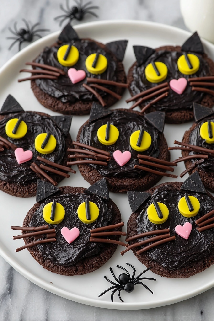 Black Cat Cookies Snack, Halloween Cookies, Spooky Cookie Decorations, Cute Halloween Treats, Easy Holiday Cookie Ideas - The image shows six round chocolate cookies arranged on a large white plate, each decorated to look like a black cat face. Every cookie has a thick dark chocolate frosting layer as the base. Two bright yellow candy eyes with black vertical slits sit near the top center of each cookie. Below the eyes, there is a small pink heart-shaped candy for the nose. Thin, brown licorice strips are placed on both sides of the nose to form whiskers. Two small, triangular pieces of chocolate are placed at the top edge of each cookie to create cat ears. The plate sits on a white marbled surface with two small black plastic spiders nearby for decoration. photo taken with an iphone --ar 2:3 --v 7
