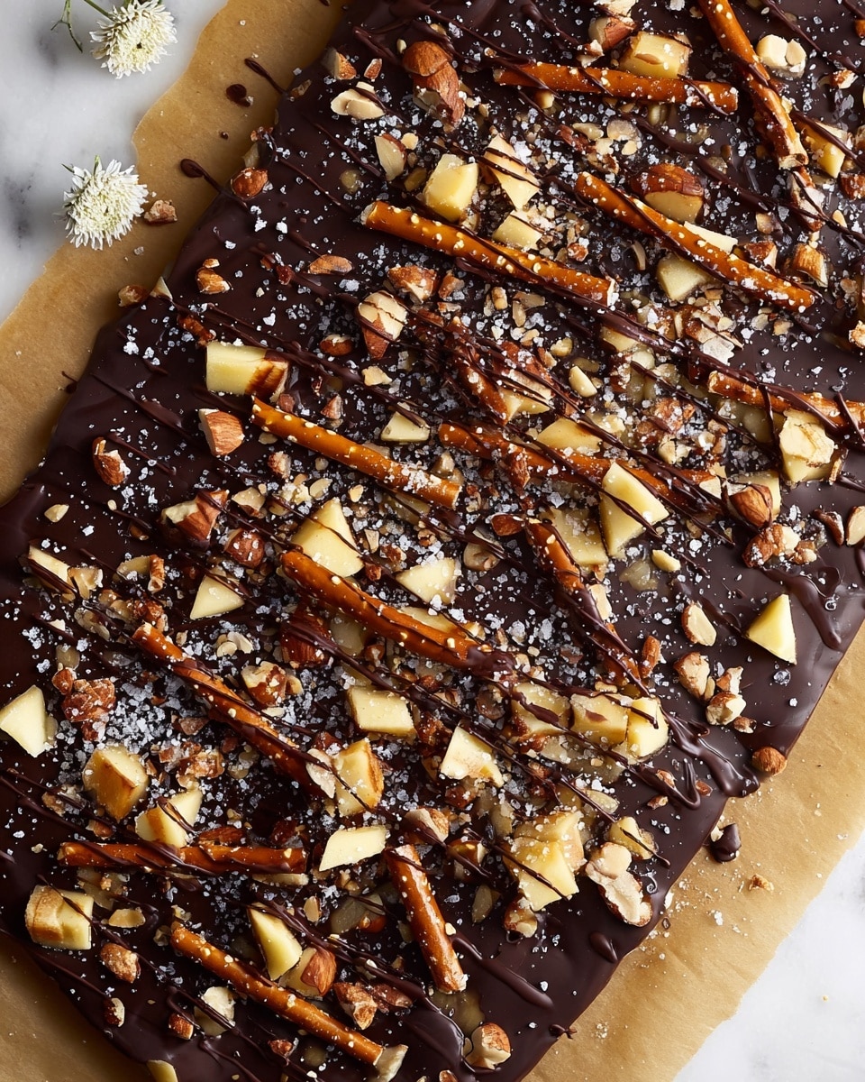 Caramel Apple Pretzel Bark, caramel apple pretzel bark, easy caramel bark, salty sweet pretzel bark, fall dessert recipes - The image shows a close-up of a dessert with three main layers. The bottom layer is made of pretzels with a warm brown color and a crunchy texture, spread evenly. On top of the pretzels, there are many broken pieces of light beige toffee or brittle, adding a rough and chunky texture. The top layer is a thick, glossy dark chocolate drizzle covering the brittle and pretzels, with some scattered coarse sea salt crystals and small peanut pieces adding extra texture and color contrast. The overall look is shiny and rich, with different shades of brown, beige, and dark chocolate, all resting on a white marbled surface. photo taken with an iphone --ar 2:3 --v 7