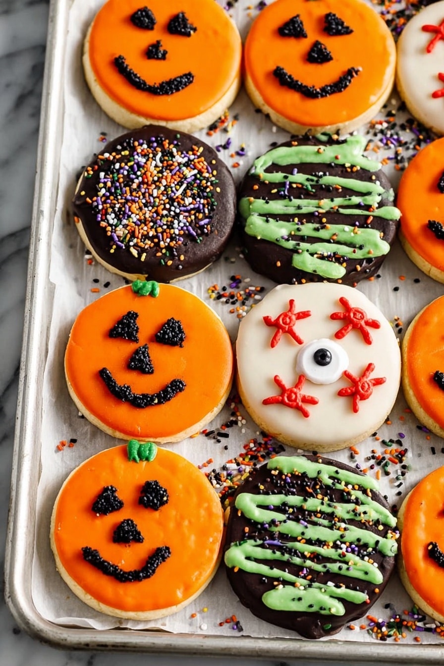 Halloween Oreo Candy Melt Treats, fun Halloween desserts, no-bake holiday treats, easy Halloween candy recipes, festive Halloween snack ideas - Three kinds of round cookies are shown on a baking tray lined with white parchment paper over a white marbled surface. The first kind has a solid bright orange icing base with black icing faces that look like jack-o'-lanterns, with two triangular eyes, a nose, and a smiling mouth. The second kind has a smooth white icing base topped with a small, round white candy with a black dot in the center, red icing lines coming out from the candy like spider legs. The third kind has a dark chocolate base with thick green icing drizzled diagonally over the top and multi-colored sprinkles scattered across the icing and tray. The cookies are closely arranged, and there are loose sprinkles of black, white, green, orange, and purple around them. photo taken with an iphone --ar 2:3 --v 7