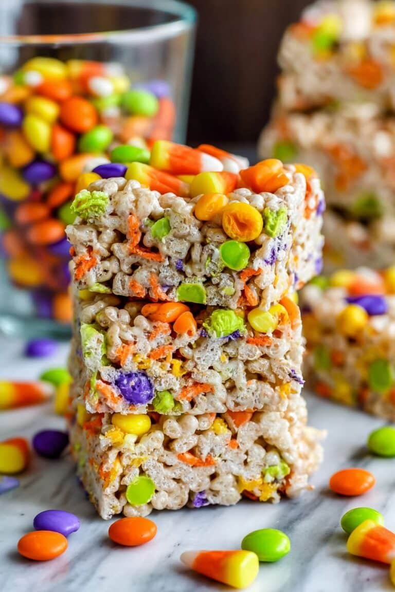 Halloween Rice Krispies Treats with Candy Corn and M&Ms