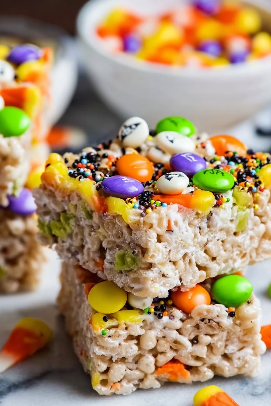 Halloween Rice Krispies Treats, Halloween Rice Krispies, festive Halloween treats, easy Halloween desserts, spooky Halloween snacks - The image shows a close-up of three square crispy rice treats stacked on top of each other. Each treat has visible layers of light beige crispy rice mixed with melted white marshmallow that creates a sticky texture. On top, colorful candy pieces, including candy corn in yellow, orange, and white, as well as green and orange M&M-like chocolates and small colorful sprinkles in black, purple, green, and orange, decorate the surface. The treats sit on a white marbled surface with more colorful candy pieces in clear white bowls blurred in the background. Photo taken with an iphone --ar 2:3 --v 7