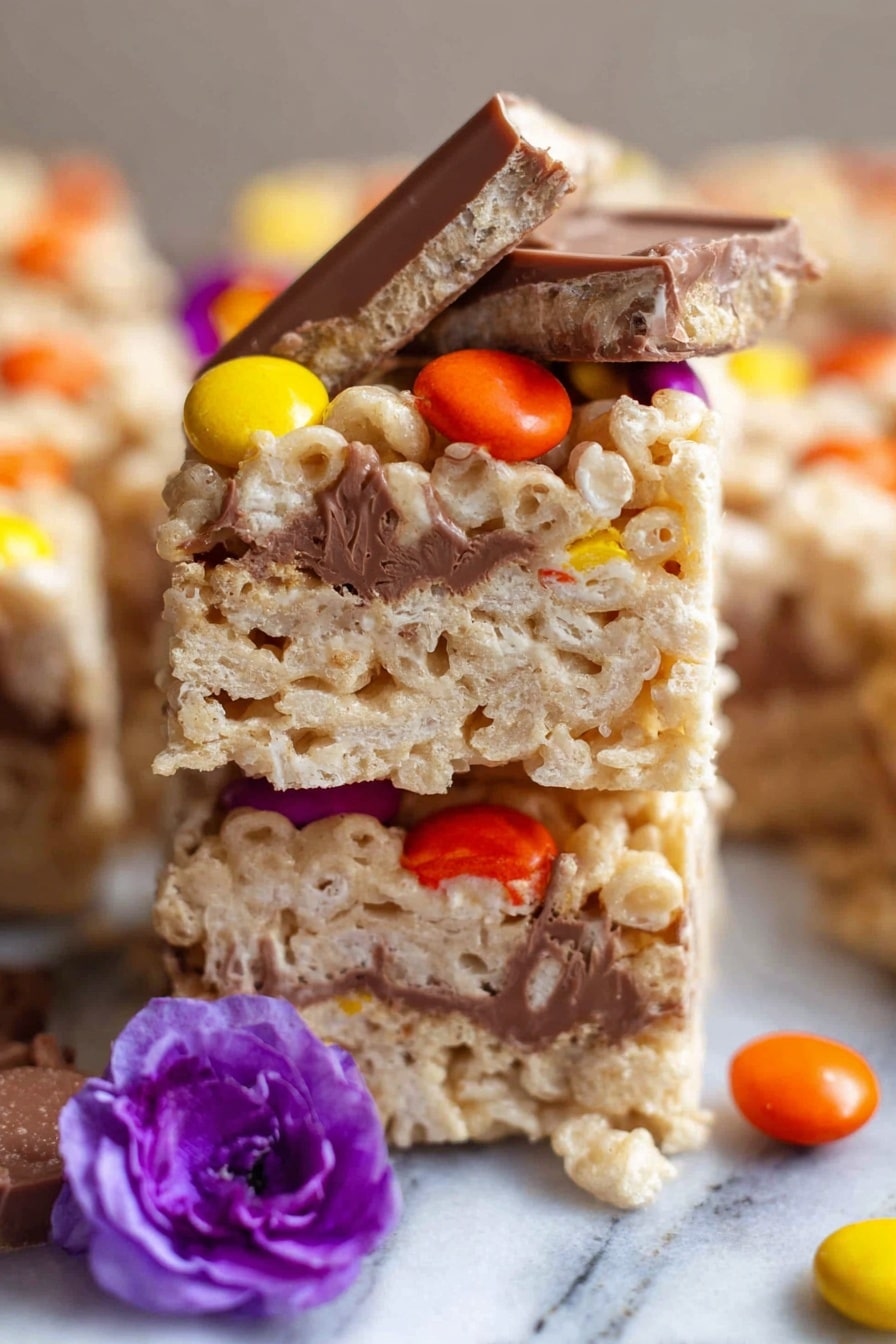 Chocolate Peanut Butter Rice Krispie Treats, Rice Krispie Treats with peanut butter and chocolate, easy no-bake Krispie treats, homemade chocolate peanut butter snacks, kid-friendly dessert recipes - Two rice cereal treats stacked on top of each other on a white marbled surface. Each treat has a light tan color with a crispy texture. The top treat shows a middle layer of melted chocolate surrounded by the rice cereal. Bright candy-coated chocolates in orange and yellow colors are scattered on top. There is also a piece of chocolate candy bar on the top treat. A purple edible flower petal is near the base of the stack. The background shows more of the same treats out of focus. photo taken with an iphone --ar 2:3 --v 7
