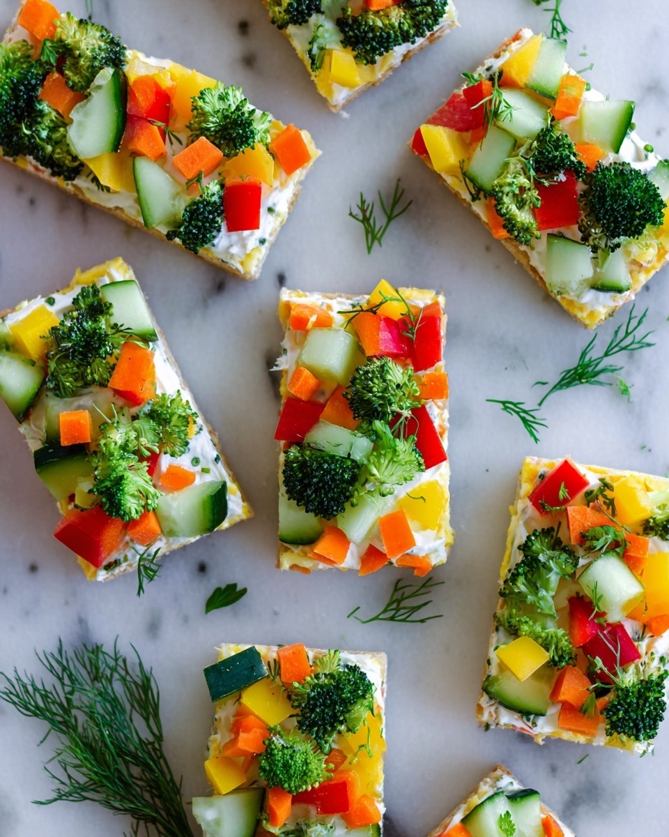 The image shows several rectangular pieces of colorful vegetable-topped snack bars arranged on a white marbled surface. Each piece has three layers: a light yellow base, a creamy white spread in the middle, and a mix of fresh, chopped vegetables on top including bright green broccoli florets, cucumber slices with dark green skin, orange carrot pieces, red bell peppers, and yellow bell peppers. Small green herb pieces are scattered on and around the bars, with a few sprigs of dill placed decoratively. The vegetables and herbs create a fresh, vibrant look with a mix of bright colors on each piece. photo taken with an iphone --ar 4:5 --v 7
