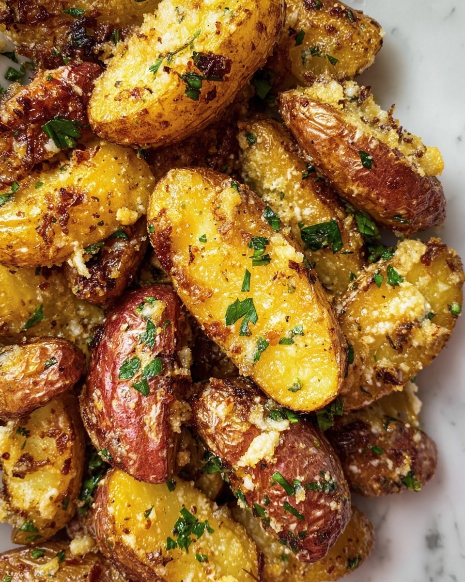 The image shows a close-up view of golden brown roasted fingerling potatoes with a crispy texture. The potatoes are coated with melted cheese, likely parmesan, giving them a slightly rough and crunchy look. They are sprinkled with small pieces of chopped fresh green parsley scattered evenly on top. The potatoes have a mix of yellow and reddish skin, and they are piled together in a simple arrangement. The background is a white marbled surface. photo taken with an iphone --ar 4:5 --v 7