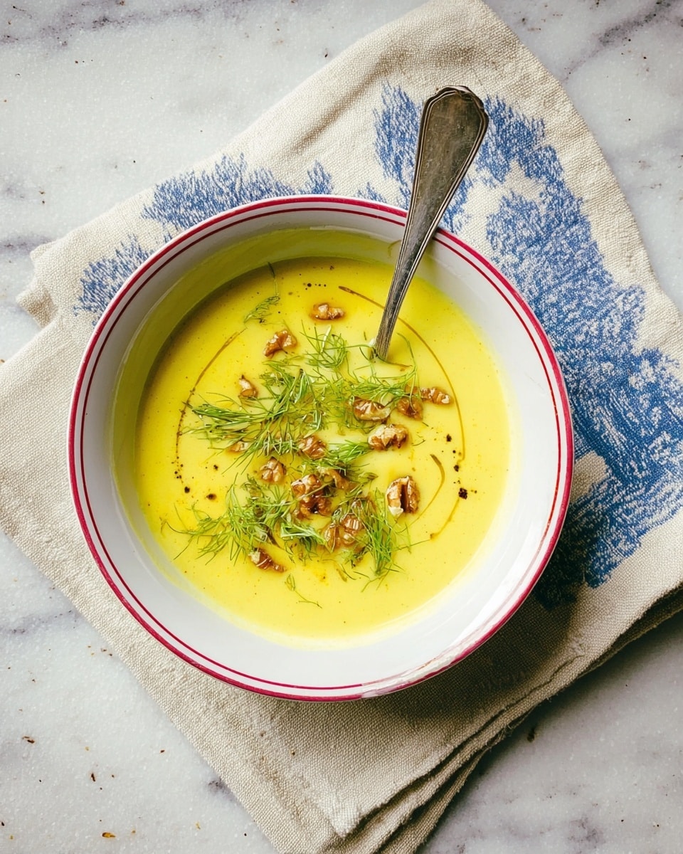 A white bowl with a thin red rim holds bright yellow creamy soup as the base layer, topped with small walnut pieces scattered near the center. Delicate green herb fronds, likely fennel, are placed on top of the walnuts along with tiny green leaves that add texture. A light drizzle of dark oil swirls gently across the surface of the soup. A vintage silver spoon stands upright inside the bowl. The bowl is set on a beige cloth over a folded white cloth with blue scenery patterns, all placed on a white marbled textured surface. Photo taken with an iphone --ar 4:5 --v 7