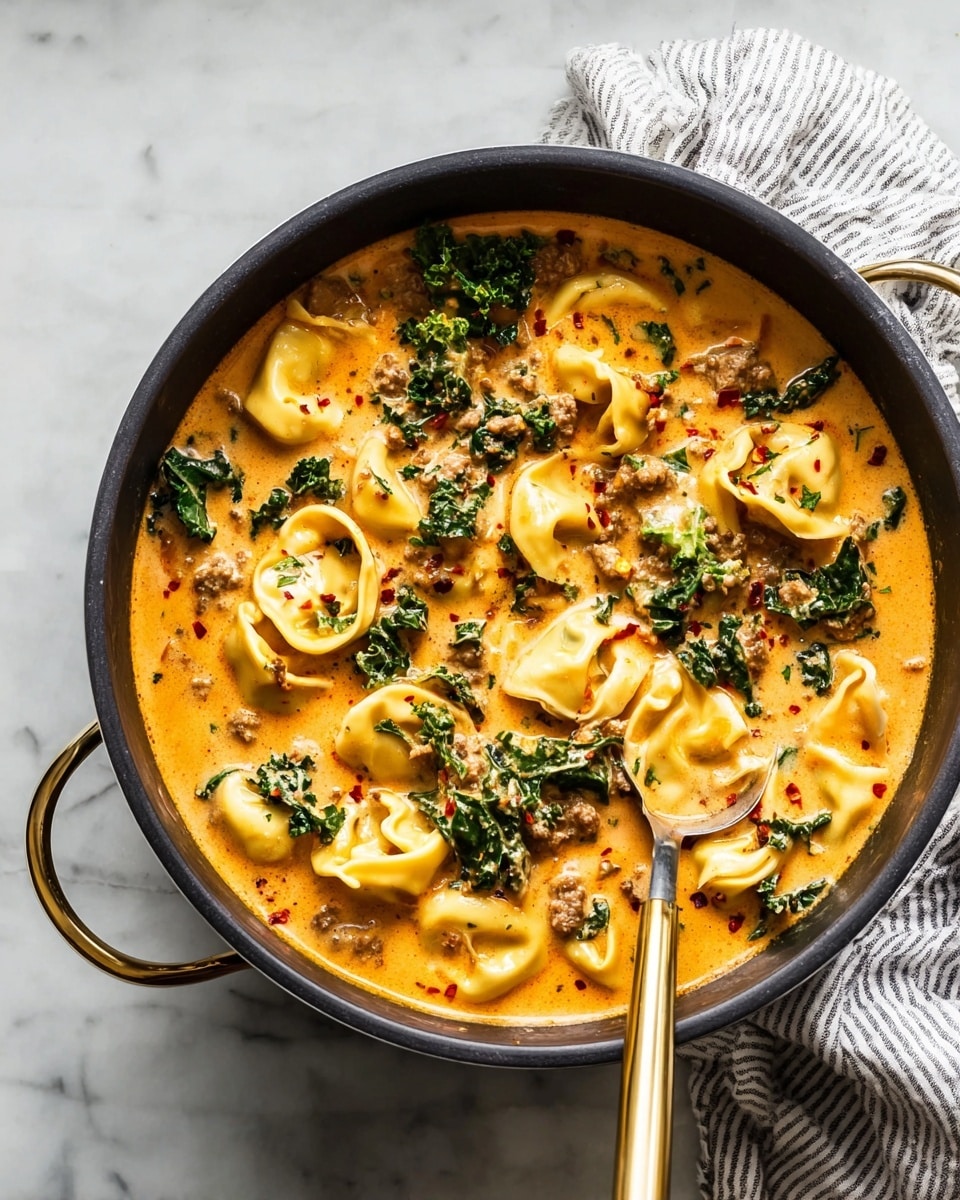 A black round pot filled with a creamy orange soup, with light yellow tortellini pasta floating on top in several layers, mixed with dark green kale leaves and small pieces of browned meat spread evenly. The soup looks thick with a smooth texture and some visible red pepper flakes on the surface. A metal ladle with a long gold handle is placed inside the pot on the right side, resting on the white marbled textured surface. A white and gray striped cloth is partially visible in the background on the right side photo taken with an iphone --ar 4:5 --v 7