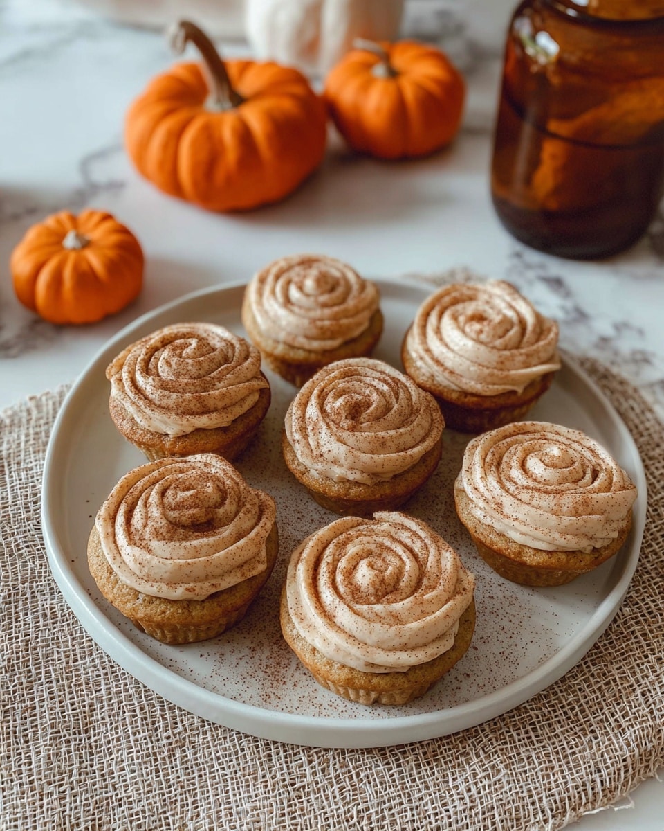 Seven round cupcakes with light brown bases are arranged on a white plate. Each cupcake has a thick swirl of light beige frosting on top, dusted with a fine layer of brown powder. The plate sits on a beige woven cloth over a white marbled surface. In the background, there is a brown glass jar and three small orange pumpkins placed around it. The photo is taken with an iphone --ar 4:5 --v 7
