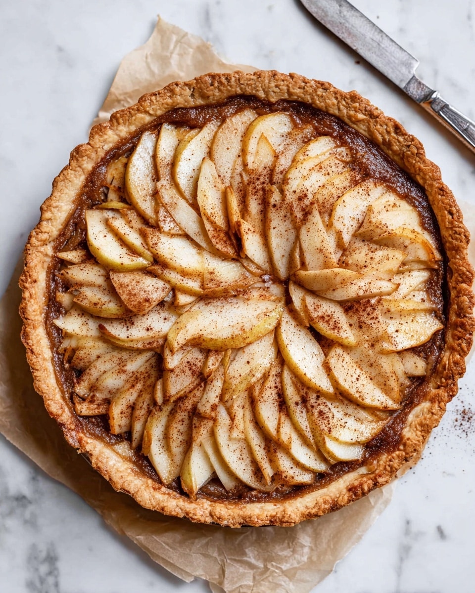 A round pie with a golden brown crust that is thicker and slightly cracked around the edges. Inside, there are two main layers: the bottom layer is a rich, dark brown filling that looks soft and slightly glossy, and on top of that are thinly sliced pale yellow pear pieces arranged in a spiral pattern covering the entire surface. The pears have a light dusting of cinnamon or brown spice, adding a speckled texture. The pie sits on a white marbled surface with a knife placed nearby. Photo taken with an iphone --ar 4:5 --v 7