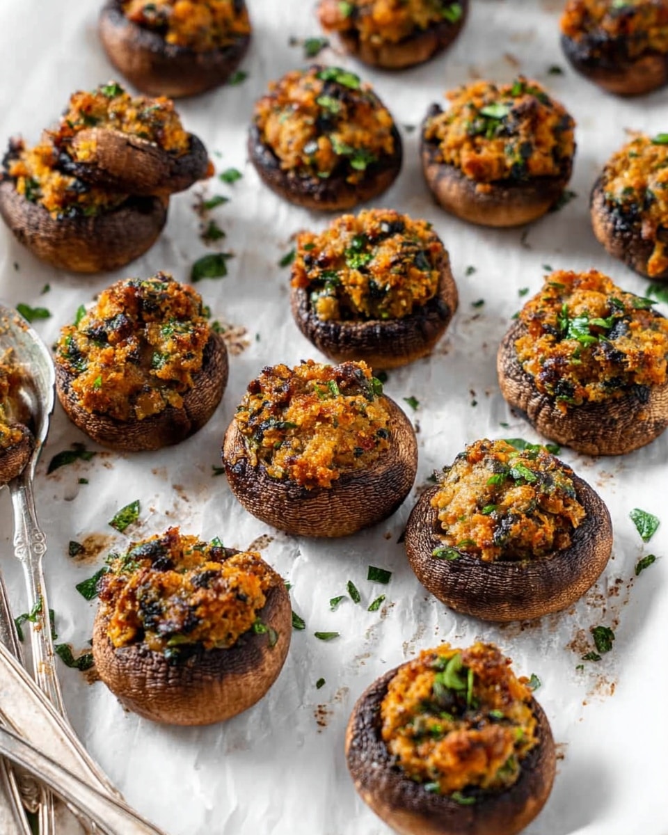 The image shows about fifteen stuffed mushrooms spread out on a white marbled surface covered with white parchment paper. Each mushroom cap is filled with a slightly crispy orange and brown stuffing speckled with bits of green herbs, some parts appearing slightly charred. The mushrooms have a smooth dark brown exterior, with the filling packed tightly inside the hollow center. A silver tong is visible picking up one mushroom in the top left corner, and part of a white plate is visible in the bottom left corner holding silver serving spoons. Photo taken with an iphone --ar 4:5 --v 7