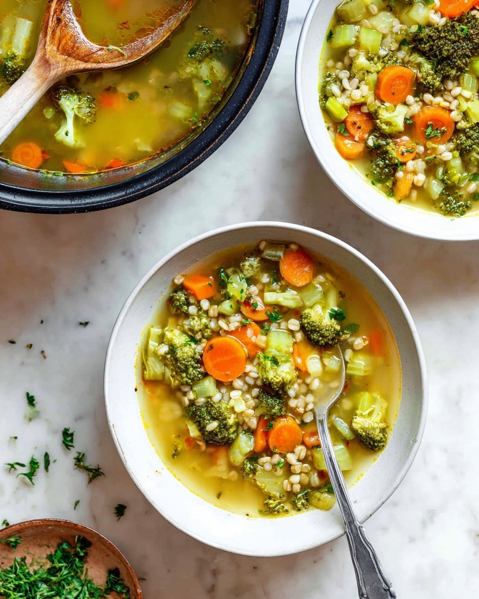 A white bowl filled with three layers of vegetable soup sits on a white marbled surface. The first layer is a clear yellow broth that fills the bowl halfway. The second layer consists of small green broccoli florets and light green celery pieces floating in the broth. The third layer has bright orange carrot slices and small round barley grains mixed with the vegetables. A silver spoon rests inside the bowl, partially submerged in the soup. Nearby, a black pot with a wooden-handled ladle shows more of the same soup inside, and scattered green herbs add a fresh touch around the scene. photo taken with an iphone --ar 4:5 --v 7