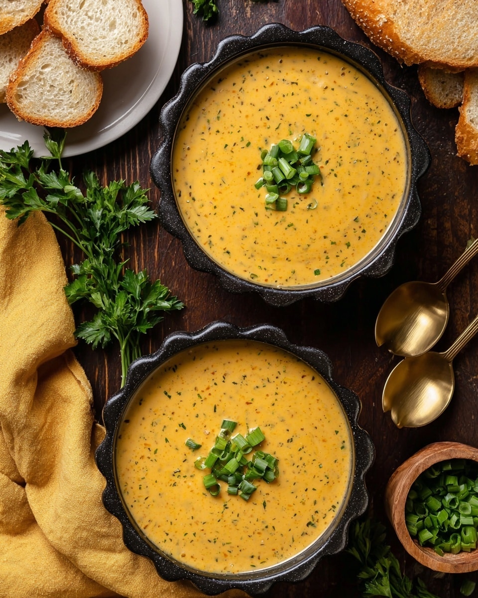 Two black tart-shaped bowls filled with smooth creamy orange soup speckled with small herbs, each topped with a small cluster of bright green chopped scallions in the center. The bowls rest on a dark wooden surface with pieces of light brown toasted bread on a white plate to the left, fresh green parsley sprigs around, a wooden bowl of chopped scallions on the right, and golden spoons resting on a soft yellow cloth. Photo taken with an iphone --ar 4:5 --v 7
