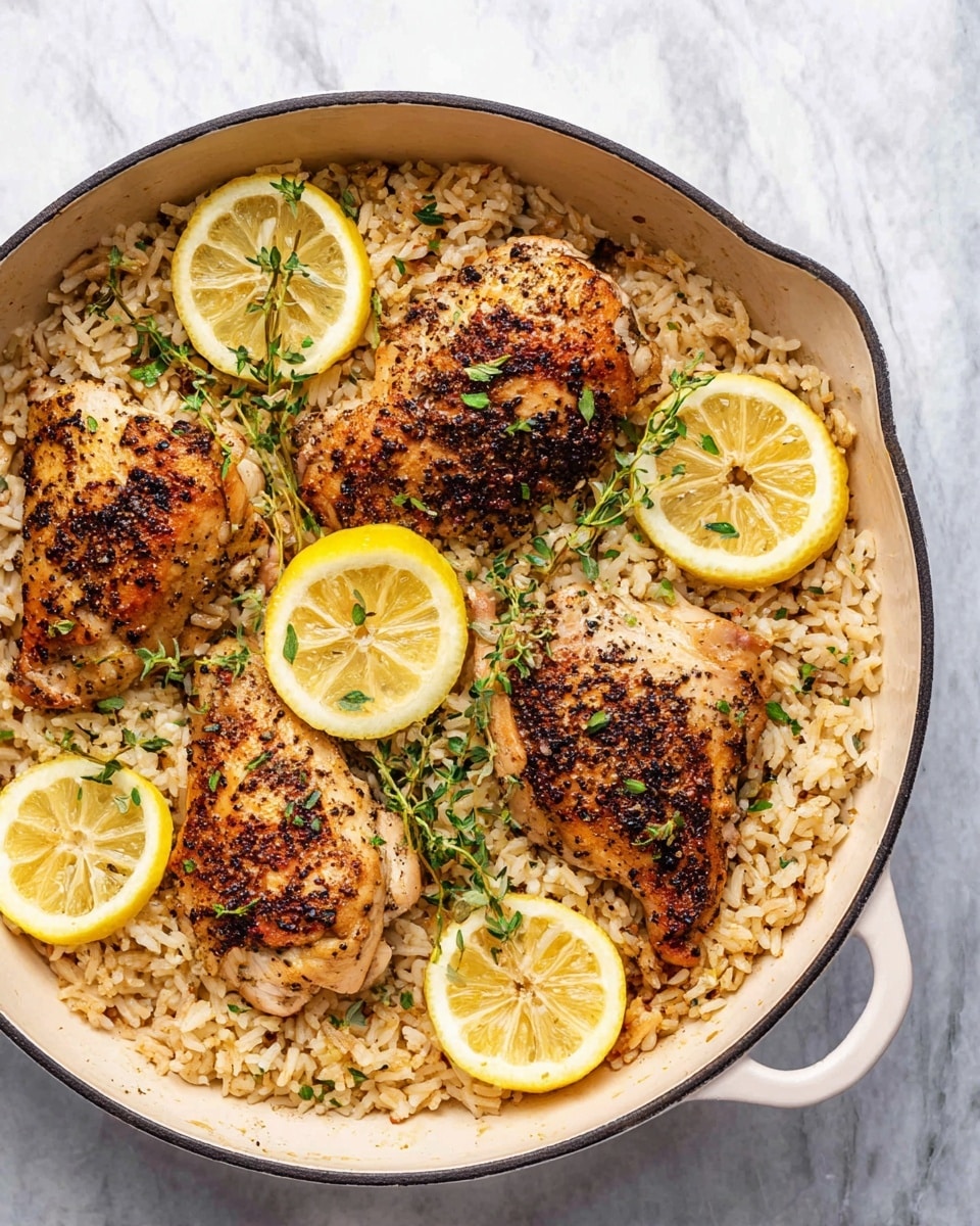 The image shows a round white pan with three pieces of cooked chicken on top of a bed of light brown rice. The chicken pieces are browned with a speckled texture from black seasoning. Around the chicken and rice, there are thin slices of lemon adding bright yellow and light green colors. Small green herb sprigs are placed on the chicken and rice, giving a fresh touch. The pan is sitting on a white marbled surface. photo taken with an iphone --ar 4:5 --v 7
