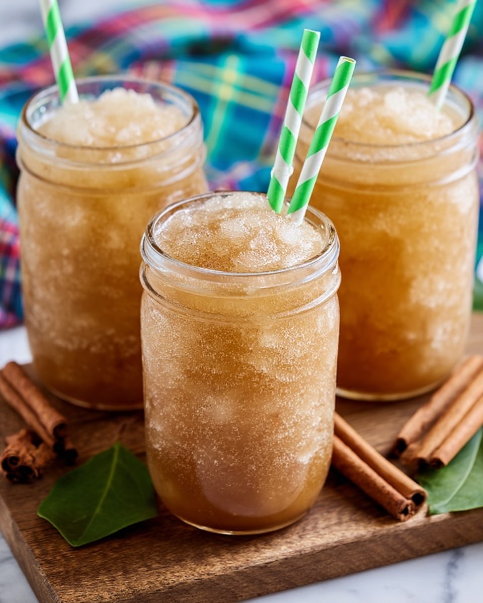 The image shows three clear glass jars filled with a light golden, icy, slushy drink. The jars have an embossed grape and leaf design. Each jar has a green and white striped paper straw sticking out from the ice. The jars sit on a wooden surface with a blurred background. Green leaves and a cinnamon stick are nearby. The focus is on the front jar, showing the icy texture in detail. photo taken with an iphone --ar 4:5 --v 7