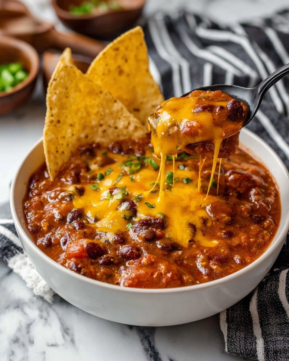 A white bowl filled with thick chili that has a reddish-brown color, mixed with visible beans and chunks of tomato. On top, there is melted yellow cheese with some green chopped scallions sprinkled over it. Two large triangular tortilla chips are placed upright in the chili on the left side. A black spoon lifts a portion of the chili with a string of melted cheese stretching between the bowl and the spoon. The bowl sits on a white marbled surface with a black and white striped cloth nearby, and blurred small brown bowls with green garnish are in the background. Photo taken with an iphone --ar 4:5 --v 7