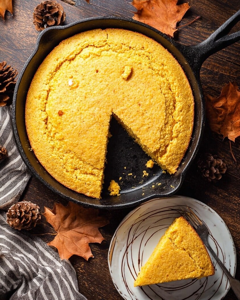 A thick, golden yellow cornbread with a rough, crumbly texture sits in a black cast iron pan, with one large triangular slice missing from the bottom right section. The surface has uneven cracks and a slightly shiny spot near the middle of the missing slice. Next to the pan, the single slice of cornbread rests on a white plate decorated with simple dark brown lines. The dark wood surface below is scattered with dried autumn leaves and pine cones, with a striped cloth partially visible at the bottom left. photo taken with an iphone --ar 4:5 --v 7