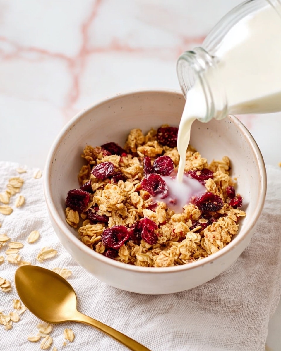 A white bowl is filled with crumbly, light brown granola mixed with bright red dried cherries scattered evenly throughout. Milk is being poured from a clear glass bottle into the bowl, soaking the granola. The bowl sits on a soft white cloth on a white marbled surface, next to a shiny gold spoon. Some loose oats are spread around the bowl on the surface. photo taken with an iphone --ar 4:5 --v 7