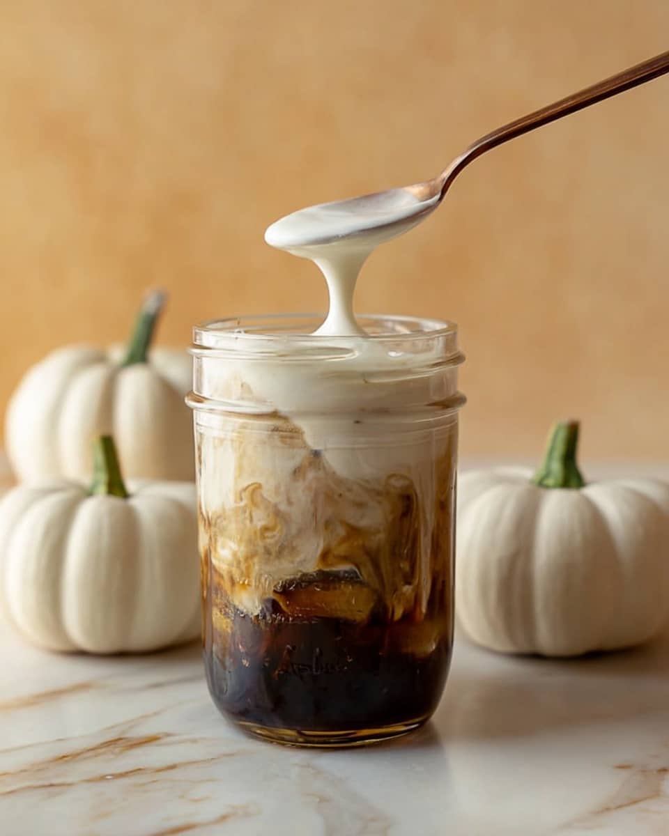 A clear glass jar with dark brown iced coffee filled with ice cubes, topped with a thick, creamy white layer being poured from another smaller jar held by a woman's hand with dark red nail polish; the scene includes two white pumpkins in the blurred background, all set on a white marbled surface and a light beige backdrop. photo taken with an iphone --ar 4:5 --v 7
