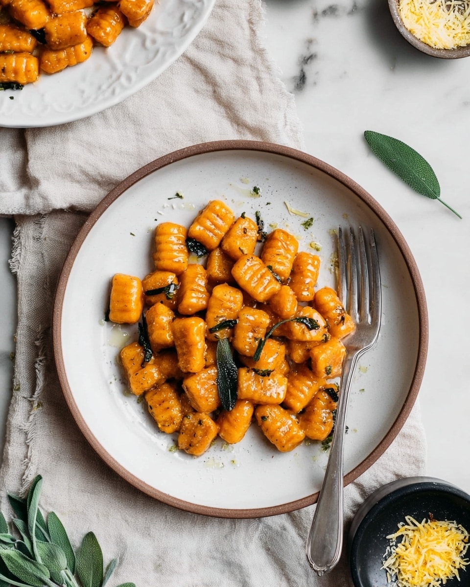 A white plate with a light brown rim sits on a soft beige cloth on a white marbled surface. On the plate, there are about three dozen pieces of orange-colored gnocchi, each piece showing soft ridges and a slightly shiny texture from a light sauce with small bits of dark green herbs scattered throughout. A silver fork rests diagonally on the plate next to the gnocchi. Around the plate, there are fresh sage leaves, a small black dish with yellow grated topping, and part of a matching larger white plate filled with more gnocchi is visible in the upper left corner. The photo taken with an iphone --ar 4:5 --v 7