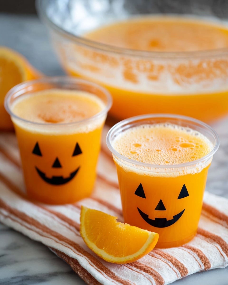 The image shows two clear plastic cups filled with bright orange juice, each decorated with a black jack-o’-lantern face made of simple triangle eyes and a wide, toothy smile. The orange liquid has a light foam layer on top. The cups sit on a folded cloth with orange, white, and brown stripes, placed on a white marbled surface. Next to the closest cup is a small wedge of orange, bright and fresh. Behind the cups, a large clear glass bowl filled with the same orange juice and foam is visible, slightly blurred. Photo taken with an iphone --ar 4:5 --v 7