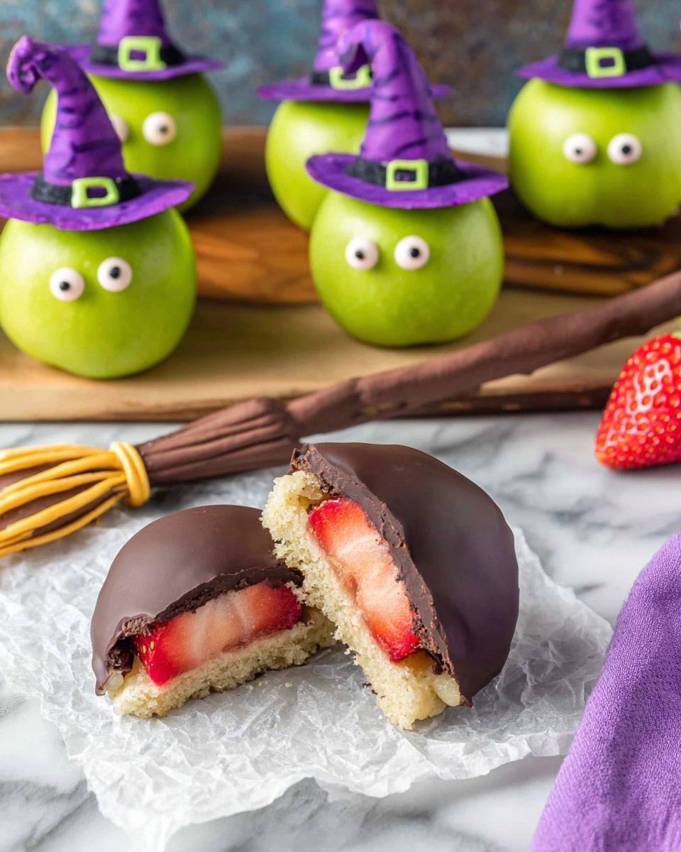 The image shows a treat cut in half with three layers: the bottom layer is a light-colored cookie base, the middle layer is a fresh red strawberry with juicy texture, and the top layer is a thick coating of smooth dark chocolate covering the strawberry and cookie base. The treat is placed on a crumpled piece of white parchment paper. In the background, several green apples decorated as cute witches sit on a wooden board, with chocolate hats topped with purple icing and green sprinkles, and candy eyes. A small witch's broom made of cheese strands and chocolate sticks is also on the board. The setting is on a white marbled surface with a small purple cloth visible in the corner. photo taken with an iphone --ar 4:5 --v 7