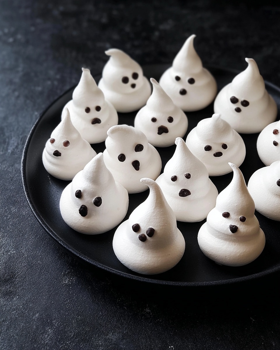 The image shows a round black plate filled with small white meringue ghosts. Each ghost has a smooth, shiny texture with a slightly pointed top and round base, arranged closely together. The ghosts have simple black dot eyes and small mouths painted on, showing different expressions like smiles and surprised faces. The background is a dark, almost black surface, contrasting with the bright white meringue shapes. photo taken with an iphone --ar 4:5 --v 7