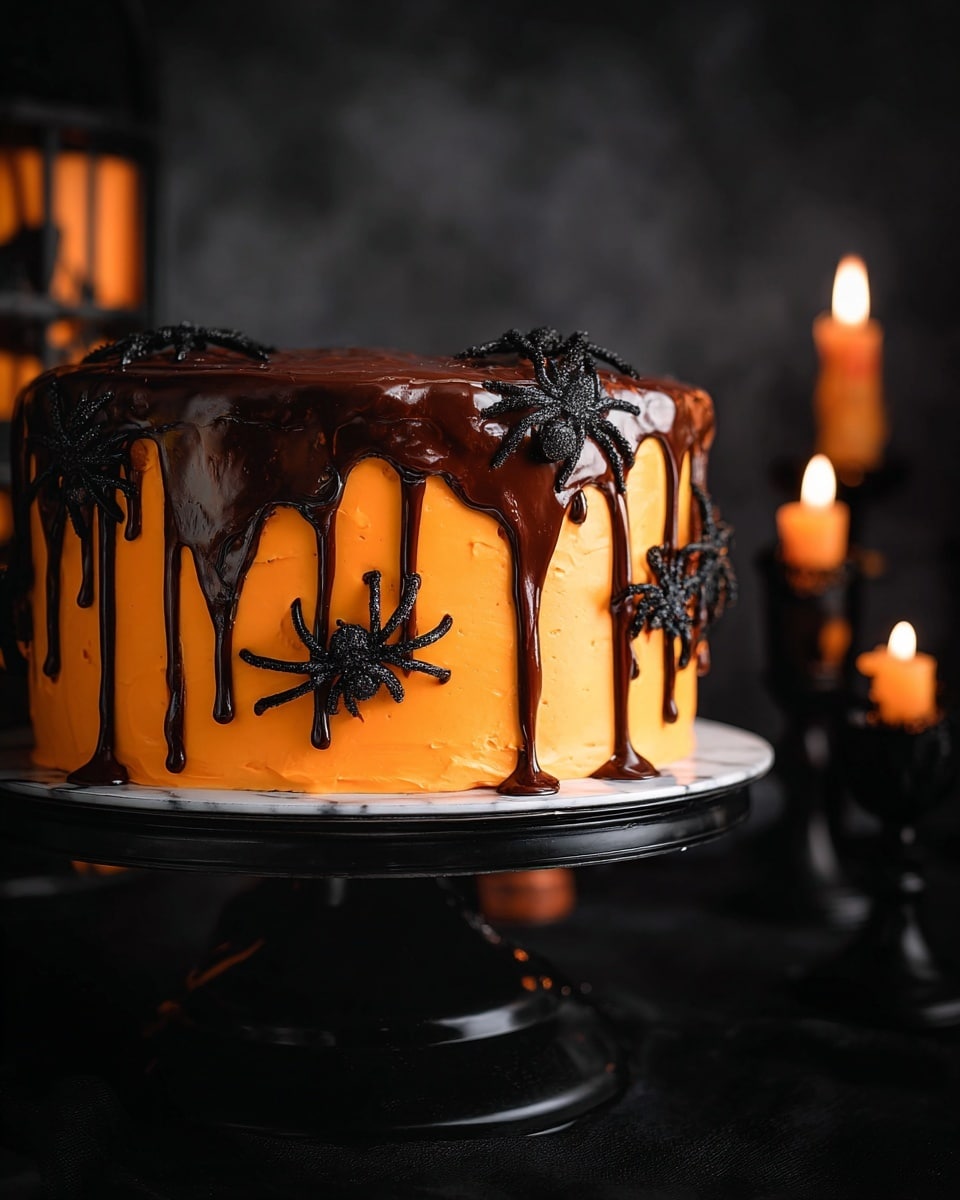 A round cake with two main layers covered in bright orange smooth frosting forms the base. On top, a thick dark chocolate layer is melted, dripping unevenly down the sides, creating a contrast with the orange. The cake is decorated with many small black plastic spiders placed on the sides, dripping chocolate, and the base, giving a spooky Halloween look. It sits on a glossy black surface with a dark background, making the bright colors stand out. Photo taken with an iphone --ar 4:5 --v 7