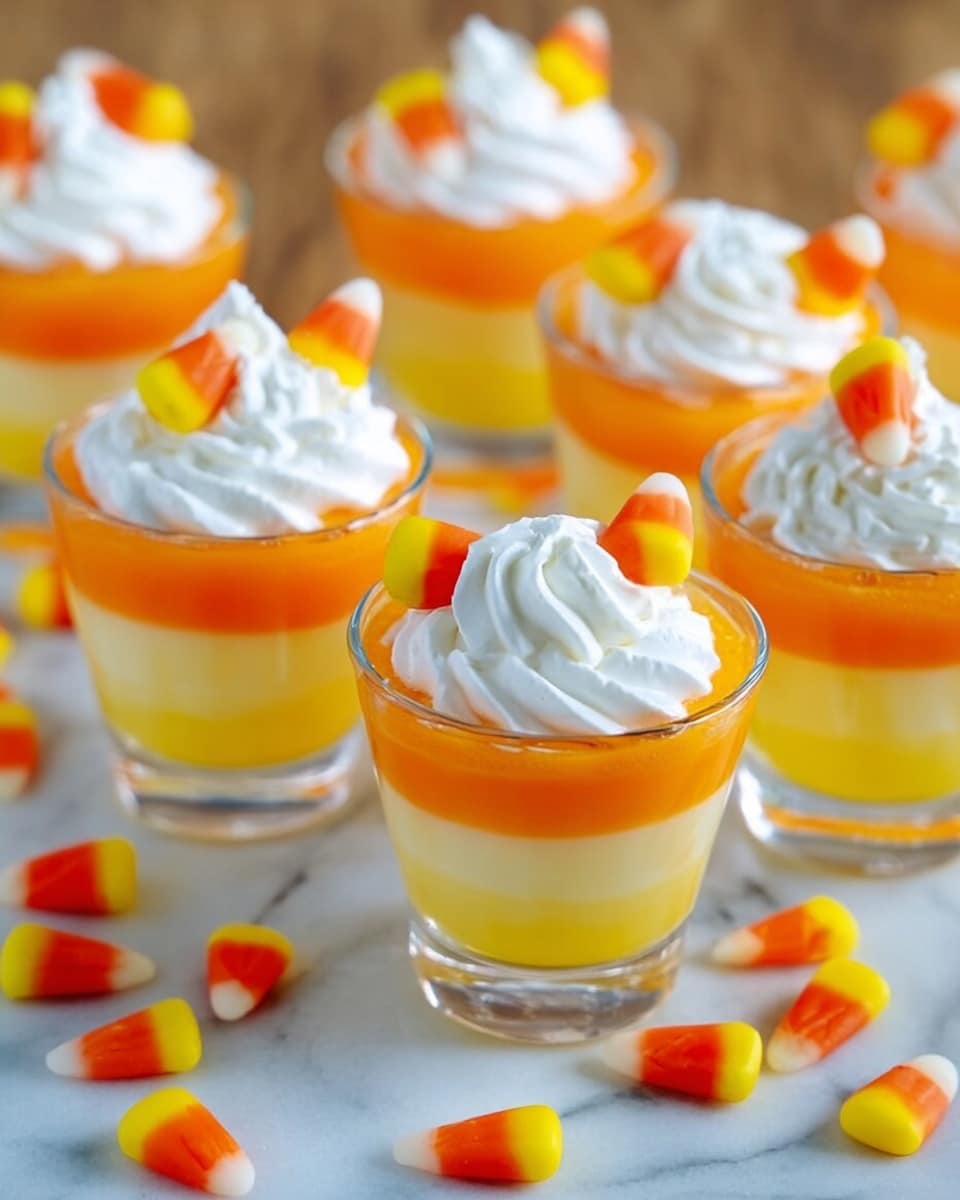 The image shows several small clear glass cups filled with a layered dessert that has three colors: a pale yellow layer at the bottom, a bright orange layer in the middle, and a slightly darker yellow layer on top. Each cup is topped with a swirl of white whipped cream and decorated with two small candy corns, which are yellow, orange, and white. The cups are placed on a white marbled surface, with some candy corns scattered around. The shot is bright and clear, making the colors of the layers and candies stand out well. Photo taken with an iphone --ar 4:5 --v 7