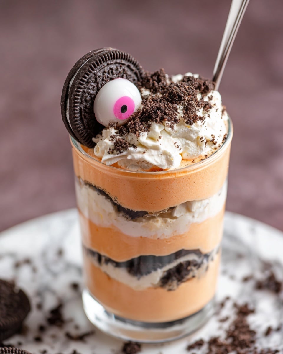A clear glass cup holds a layered dessert with four visible layers: the bottom and third layer are smooth, light orange cream, the second layer is white cream mixed with dark cookie pieces, and the top layer is a thick white whipped cream sprinkled with dark cookie crumbs. On top, a white cookie with a pink and black eyeball design leans against the whipped cream, with a spoon placed inside the glass. The glass is set on a white marbled surface with a blurred background. photo taken with an iphone --ar 4:5 --v 7