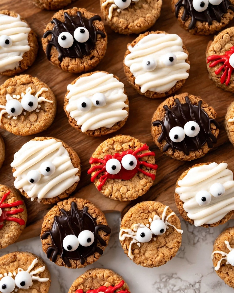 The image shows many small round cookies on a wooden surface with a white marbled background. The cookies have three different designs: one layer is a light brown crunchy cookie; the second layer varies with white icing made to look like mummy wrappings, shiny chocolate with chocolate drizzle like spider legs, or smooth white frosting topped with red and black icing making an eyeball effect. The third layer is small candy eyes placed on top of the frosting or chocolate. The cookies are close together, filling most of the image. Photo taken with an iphone --ar 4:5 --v 7