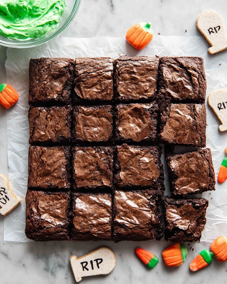 A square batch of brownies is placed on white parchment paper on a white marbled surface. The brownies have a rich dark brown color with a slightly cracked and shiny top layer. They are cut into 12 uneven rectangular pieces arranged in a 3 by 4 grid. Around the brownies, there are a few small pumpkin-shaped candies with orange and green colors, and some cookie pieces decorated like tombstones with white icing and