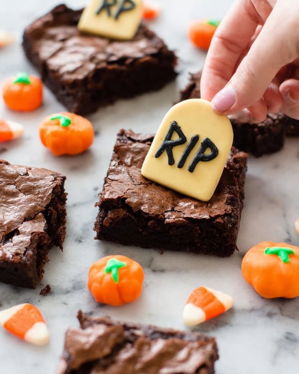 The image shows a close-up of a dark brown, rich brownie square with a crinkly top layer. A woman's hand is placing a small tombstone-shaped cookie decoration on the brownie; the cookie is light yellow with the letters
